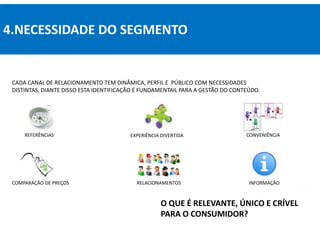 4.NECESSIDADE DO SEGMENTO
O QUE É RELEVANTE, ÚNICO E CRÍVEL
PARA O CONSUMIDOR?
CADA CANAL DE RELACIONAMENTO TEM DINÂMICA, PERFIL E PÚBLICO COM NECESSIDADES
DISTINTAS, DIANTE DISSO ESTA IDENTIFICAÇÃO É FUNDAMENTAIL PARA A GESTÃO DO CONTEÚDO.
COMPARAÇÃO DE PREÇOS
REFERÊNCIAS
RELACIONAMENTOS
CONVENIÊNCIA
EXPERIÊNCIA DIVERTIDA
INFORMAÇÃO
 