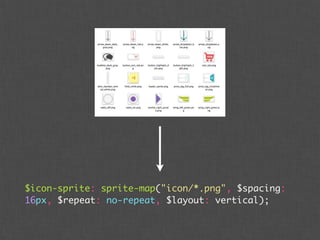$icon-sprite: sprite-map("icon/*.png", $spacing:
16px, $repeat: no-repeat, $layout: vertical);
 