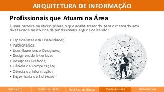 ARQUITETURA DE INFORMAÇÃO
É uma carreira multidisciplinar, o que acaba trazendo para o mercado uma
diversidade muito rica de profissionais, alguns deles são:
• Especialistas em Usabilidade;
• Publicitários;
• User Experience Designers;
• Designers de Interface;
• Designers Gráficos;
• Ciência da Computação;
• Ciência da Informação;
• Engenharia de Software
Definição Sistemas da AI Padrões de Busca
Profissionais que Atuam na Área
Profissionais Referências
 