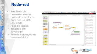 Node-red
• Ambiente de
desenvolvimento
baseado em blocos
com acesso WEB.
• Low-code
• Foco na lógica
• Baseado em
Javascript
• Permite instalação de
novos módulos
 