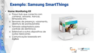 Exemplo: Samsung SmartThings
• Home Monitoring Kit
o Possui Hub que conecta com
cameras, sensores, trancas,
lâmpadas etc.
o Sensores de presença, vazamento,
abertura de postas/janelas
o Tomada adaptadora para
controle de eletrônicos
o Extensível a outros dispositivos de
outros fabricantes
o Comunicação baseada em
ZigBee
 