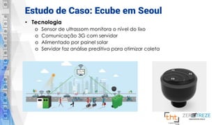 Estudo de Caso: Ecube em Seoul
• Tecnologia
o Sensor de ultrassom monitora o nível do lixo
o Comunicação 3G com servidor
o Alimentado por painel solar
o Servidor faz análise preditiva para otimizar coleta
 