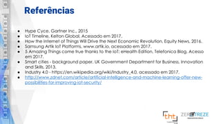 Referências
● Hype Cyce, Gartner Inc., 2015
● IoT Timeline, Kelton Global, Acessado em 2017.
● How the Internet of Things Will Drive the Next Economic Revolution, Equity News, 2016.
● Samsung Artik IoT Platforms, www.artik.io, acessado em 2017.
● 5 Amazing Things come true thanks to the IoT: eHealth Edition, Telefonica Blog, Acesso
em 2017.
● Smart cities - background paper. UK Government Department for Business, Innovation
and Skills, 2013.
● Industry 4.0 - https://en.wikipedia.org/wiki/Industry_4.0, acessado em 2017.
● http://www.zdnet.com/article/artificial-intelligence-and-machine-learning-offer-new-
possibilities-for-improving-iot-security/
 