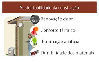 Sustentabilidade da construção
Renovação de ar
Conforto térmico
Iluminação artificial
Durabilidade dos materiais
 