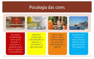 Psicologia das cores
de maior
visibilidade,
serve para
chamar a
atenção e é
próprio para
pisos, tapetes
e passadeiras
provoca
conversas,
convidando as
pessoas a
contarem o
que pensam
une o vigor
rubro com a
luminosidade
do amarelo,
estimulando o
apetite
proporciona
conversas
mais sérias e
sóbrias, ideal
para jantares
de negócios
 