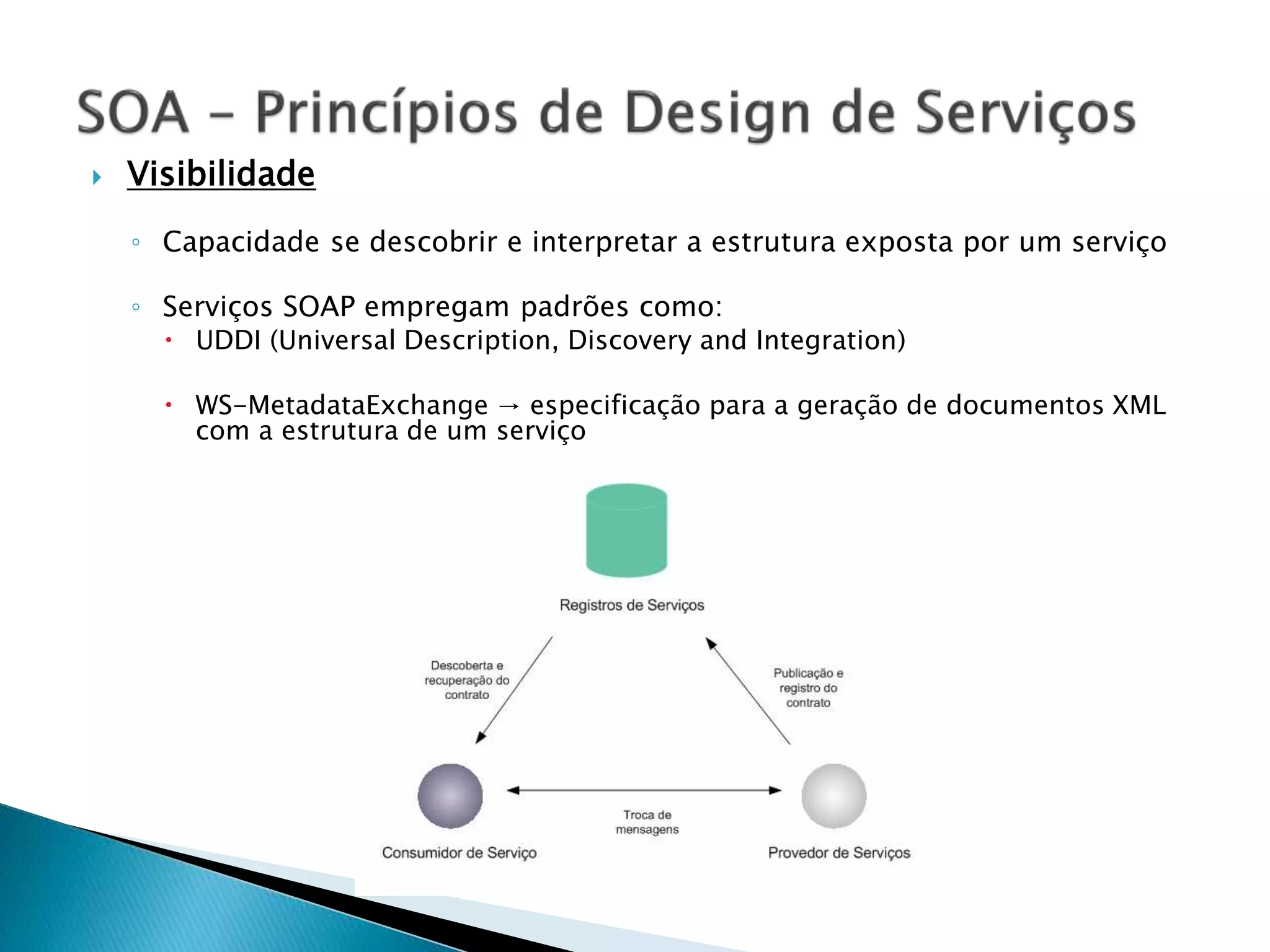  Visibilidade
◦ Capacidade se descobrir e interpretar a estrutura exposta por um serviço
◦ Serviços SOAP empregam padrões como:
 UDDI (Universal Description, Discovery and Integration)
 WS-MetadataExchange → especificação para a geração de documentos XML
com a estrutura de um serviço
 
