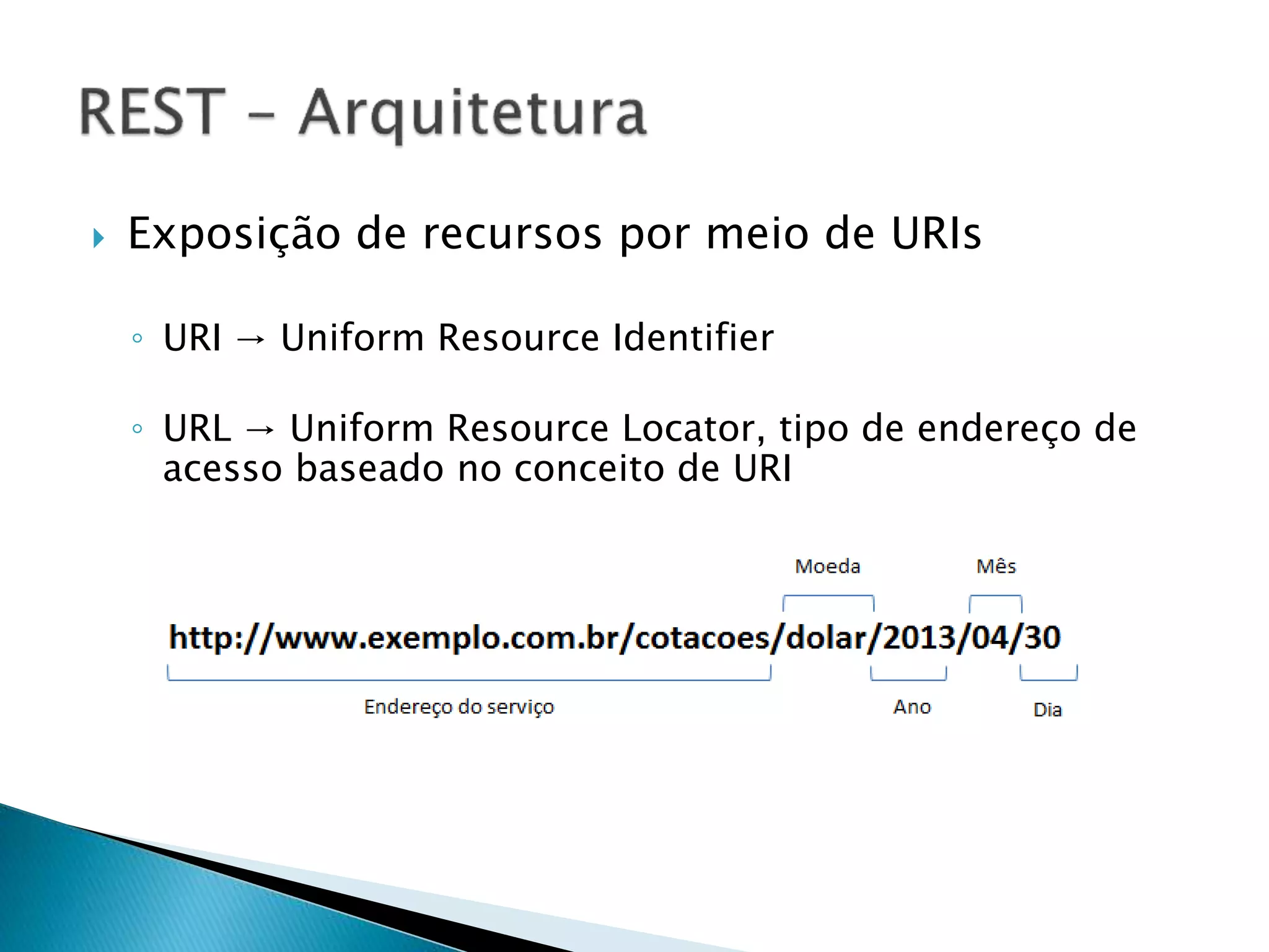  Exposição de recursos por meio de URIs
◦ URI → Uniform Resource Identifier
◦ URL → Uniform Resource Locator, tipo de endereço de
acesso baseado no conceito de URI
 