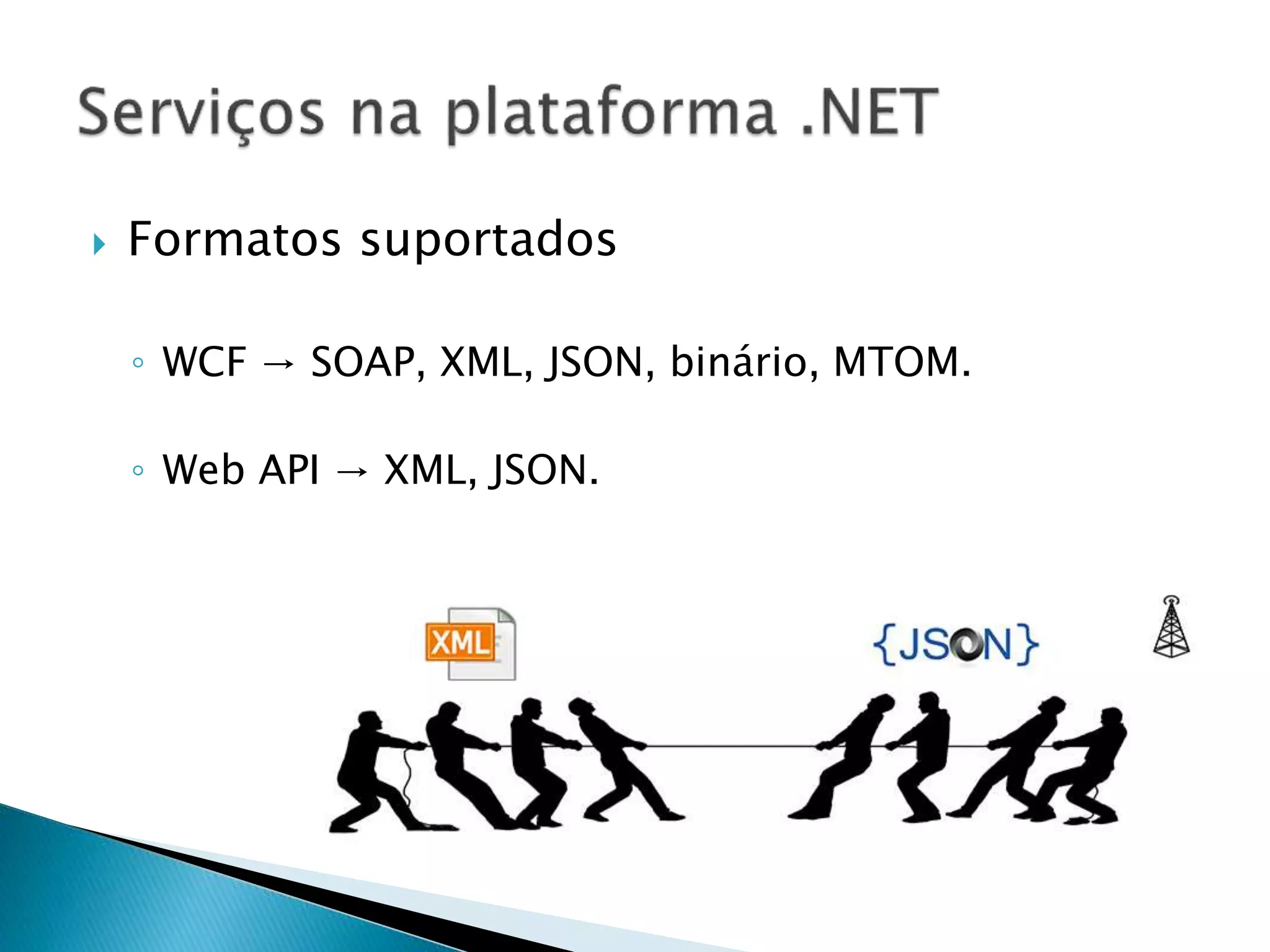  Formatos suportados
◦ WCF → SOAP, XML, JSON, binário, MTOM.
◦ Web API → XML, JSON.
 