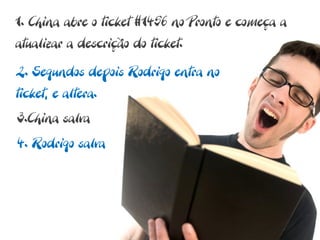 1. China abre o ticket #1456 no Pronto e começa a
atualizar a descrição do ticket.

2. Segundos depois Rodrigo entra no
ticket, e altera.
3.China salva
4. Rodrigo salva
 