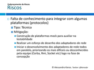Endereçamento	
  de	
  Riscos	
  

Riscos	
  
¨    Falta	
  de	
  conhecimento	
  para	
  integrar	
  com	
  algumas	
  
      plataformas	
  (protocolos)	
  
      ¤  Tipo:	
  Técnico	
  
      ¤  MiGgação:	
  
         n  Construção	
  de	
  plataformas	
  mock	
  para	
  auxiliar	
  na	
  
             testabilidade	
  
         n  Realizar	
  um	
  esforço	
  de	
  desenho	
  dos	
  adaptadores	
  de	
  rede	
  
         n  Iniciar	
  o	
  desenvolvimento	
  dos	
  adaptadores	
  de	
  rede	
  todos	
  
             em	
  paralelo,	
  priorizando	
  os	
  mais	
  diXceis	
  ou	
  desconhecidos	
  
             pela	
  equipe	
  (Corba,	
  Rmi,	
  Socket	
  etc)	
  logo	
  na	
  fase	
  de	
  
             concepção	
  


                                                    ©	
  Alessandro	
  Kieras.	
  Twi2er:	
  @kierasbr	
  
 