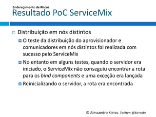 Endereçamento	
  de	
  Riscos	
  

Resultado	
  PoC	
  ServiceMix	
  
¨    Distribuição	
  em	
  nós	
  disGntos	
  
      ¤  O	
  teste	
  da	
  distribuição	
  do	
  aprovisionador	
  e	
  
          comunicadores	
  em	
  nós	
  disGntos	
  foi	
  realizada	
  com	
  
          sucesso	
  pelo	
  ServiceMix	
  
      ¤  No	
  entanto	
  em	
  alguns	
  testes,	
  quando	
  o	
  servidor	
  era	
  
          iniciado,	
  o	
  ServiceMix	
  não	
  conseguiu	
  encontrar	
  a	
  rota	
  
          para	
  os	
  bind	
  components	
  e	
  uma	
  exceção	
  era	
  lançada	
  
      ¤  Reinicializando	
  o	
  servidor,	
  a	
  rota	
  era	
  encontrada	
  




                                                  ©	
  Alessandro	
  Kieras.	
  Twi2er:	
  @kierasbr	
  
 