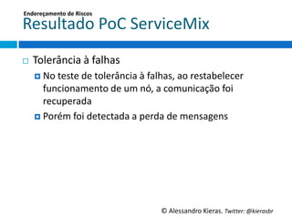 Endereçamento	
  de	
  Riscos	
  

Resultado	
  PoC	
  ServiceMix	
  
¨    Tolerância	
  à	
  falhas	
  
      ¤  No	
  teste	
  de	
  tolerância	
  à	
  falhas,	
  ao	
  restabelecer	
  
          funcionamento	
  de	
  um	
  nó,	
  a	
  comunicação	
  foi	
  
          recuperada	
  
      ¤  Porém	
  foi	
  detectada	
  a	
  perda	
  de	
  mensagens	
  




                                                    ©	
  Alessandro	
  Kieras.	
  Twi2er:	
  @kierasbr	
  
 