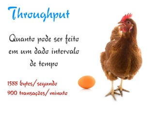 Throughput
Quanto pode ser feito
em um dado intervalo
     de tempo
1588 bytes/segundo
900 transações/minuto
 