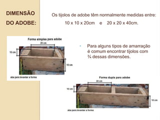 DIMENSÃO
DO ADOBE:

Os tijolos de adobe têm normalmente medidas entre:
10 x 10 x 20cm

•

e

20 x 20 x 40cm.

Para alguns tipos de amarração
é comum encontrar tijolos com
¾ dessas dimensões.

 