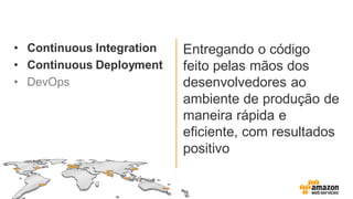 • Continuous Integration
• Continuous Deployment
• DevOps
Entregando o código
feito pelas mãos dos
desenvolvedores ao
ambiente de produção de
maneira rápida e
eficiente, com resultados
positivo
 