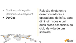 • Continuous Integration
• Continuous Deployment
• DevOps
Relação direta entre
desenvolvedores e
operadores de infra, para
diminuir riscos e unir
duas áreas essenciais do
ciclo de vida de um
software.
 