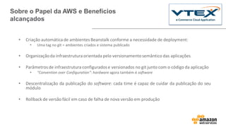 • Criação automática de ambientes Beanstalk conforme a necessidade de deployment:
• Uma tag no git = ambientes criados e sistema publicado
• Organizaçãoda infraestrutura orientada pelo versionamentosemântico das aplicações
• Parâmetros de infraestrutura configuradose versionados no git junto com o código da aplicação
• “Convention over Configuration”: hardware agora também é software
• Descentralização da publicação do software: cada time é capaz de cuidar da publicação do seu
módulo
• Rollback de versão fácil em caso de falha de nova versão em produção
Sobre o Papel da AWS e Benefícios
alcançados
 