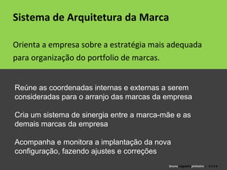Sistema de Arquitetura da Marca Orienta a empresa sobre a estratégia mais adequada para organização do portfolio de marcas. Reúne as coordenadas internas e externas a serem consideradas para o arranjo das marcas da empresa Cria um sistema de sinergia entre a marca-mãe e as demais marcas da empresa Acompanha e monitora a implantação da nova configuração, fazendo ajustes e correções bruno nogueira pinheiro   •  2 0 0 9 