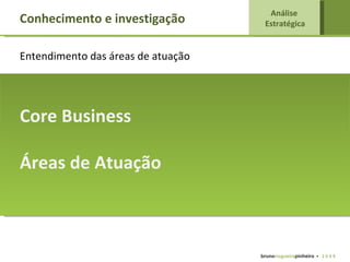 Conhecimento e investigação Entendimento das áreas de atuação Core Business Áreas de Atuação Análise  Estratégica bruno nogueira pinheiro   •  2 0 0 9 