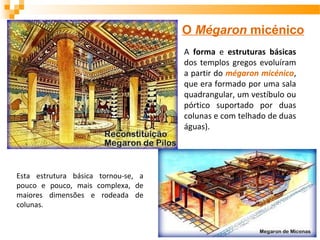 Esta estrutura básica tornou-se, a
pouco e pouco, mais complexa, de
maiores dimensões e rodeada de
colunas.
O Mégaron micénico
A forma e estruturas básicas
dos templos gregos evoluíram
a partir do mégaron micénico,
que era formado por uma sala
quadrangular, um vestíbulo ou
pórtico suportado por duas
colunas e com telhado de duas
águas).
 