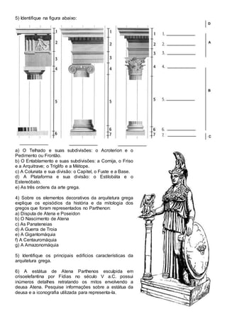 5) Identifique na figura abaixo: 
a) O Telhado e suas subdivisões: o Acroterion e o 
Pedimento ou Frontão. 
b) O Entablamento e suas subdivisões: a Cornija, o Friso 
e a Arquitrave; o Tríglifo e a Métope. 
c) A Colunata e sua divisão: o Capitel, o Fuste e a Base. 
d) A Plataforma e sua divisão: o Estilobáta e o 
Estereóbato. 
e) As três ordens da arte grega. 
4) Sobre os elementos decorativos da arquitetura grega 
explique os episódios da história e da mitologia dos 
gregos que foram representados no Parthenon: 
a) Disputa de Atena e Poseidon 
b) O Nascimento de Atena 
c) As Panateneias 
d) A Guerra de Troia 
e) A Gigantomáquia 
f) A Centauromáquia 
g) A Amazonomáquia 
5) Identifique os principais edifícios características da 
arquitetura grega. 
6) A estátua de Atena Parthenos esculpida em 
crisoelefantina por Fídias no século V a.C. possui 
inúmeros detalhes retratando os mitos envolvendo a 
deusa Atena. Pesquise informações sobre a estátua da 
deusa e a iconografia utilizada para representa-la. 

