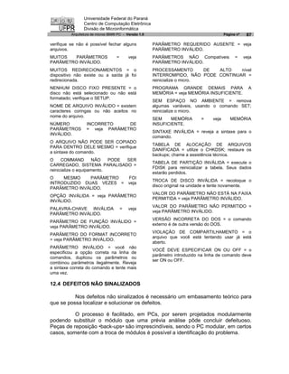 Universidade Federal do Paraná
                 Centro de Computação Eletrônica
                 Divisão de Microinformática
          Arquitetura de micros IBM® PC - Versão 1.0                                      Página nº    87

verifique se não é possível fechar alguns              PARÂMETRO REQUERIDO AUSENTE = veja
arquivos.                                              PARÂMETRO INVÁLIDO.
MUITOS   PARÂMETROS                 =       veja       PARÂMETROS NÃO Compatíveis               =     veja
PARÂMETRO INVÁLIDO.                                    PARÂMETRO INVÁLIDO.
MUITOS REDIRECIONAMENTOS = o                           PROCESSAMENTO         DE ALTO  nível
dispositivo não existe ou a saída já foi               INTERROMPIDO, NÃO PODE CONTINUAR =
redirecionada.                                         reinicialize o micro.
NENHUM DISCO FIXO PRESENTE = o                         PROGRAMA GRANDE DEMAIS PARA                      A
disco não está selecionado ou não está                 MEMÓRIA = veja MEMÓRIA INSUFICIENTE.
formatado; verifique o SETUP.
                                                       SEM ESPAÇO NO AMBIENTE = remova
NOME DE ARQUIVO INVÁLIDO = existem                     algumas variáveis, usando o comando SET;
caracteres coringas ou não aceitos no                  reinicialize o micro.
nome do arquivo.
                                                       SEM     MEMÓRIA       =     veja      MEMÓRIA
NÚMERO            INCORRETO     DE                     INSUFICIENTE.
PARÂMETROS        = veja PARÂMETRO
                                                       SINTAXE INVÁLIDA = reveja a sintaxe para o
INVÁLIDO.
                                                       comando.
O ARQUIVO NÃO PODE SER COPIADO
                                                       TABELA DE ALOCAÇÃO DE ARQUIVOS
PARA DENTRO DELE MESMO = verifique
                                                       DANIFICADA = utilize o CHKDSK; restaure os
a sintaxe do comando.
                                                       backups; chame a assistência técnica.
O     COMMAND         NÃO   PODE SER
                                                       TABELA DE PARTIÇÃO INVÁLIDA = execute o
CARREGADO, SISTEMA PARALISADO =
                                                       FDISK para reinicializar a tabela. Seus dados
reinicialize o equipamento.
                                                       estarão perdidos.
O    MESMO    PARÂMETRO                     FOI
                                                       TROCA DE DISCO INVÁLIDA = recoloque o
INTRODUZIDO DUAS VEZES =                    veja
                                                       disco original na unidade e tente novamente.
PARÂMETRO INVÁLIDO.
                                                       VALOR DO PARÂMETRO NÃO ESTÁ NA FAIXA
OPÇÃO INVÁLIDA = veja PARÂMETRO
                                                       PERMITIDA = veja PARÂMETRO INVÁLIDO.
INVÁLIDO.
                                                       VALOR DO PARÂMETRO NÃO PERMITIDO =
PALAVRA-CHAVE INVÁLIDA                  =   veja
                                                       veja PARÂMETRO INVÁLIDO.
PARÂMETRO INVÁLIDO.
                                                       VERSÃO INCORRETA DO DOS = o comando
                                                       externo é de outra versão do DOS.
PARÂMETRO DE FUNÇÃO INVÁLIDO =
veja PARÂMETRO INVÁLIDO.
                                                       VIOLAÇÃO DE COMPARTILHAMENTO = o
PARÂMETRO DO FORMAT INCORRETO
                                                       arquivo que você está tentando usar já está
= veja PARÂMETRO INVÁLIDO.
                                                       aberto.
PARÂMETRO INVÁLIDO = você não
                                                       VOCÊ DEVE ESPECIFICAR ON OU OFF = o
especificou a opção correta na linha de
                                                       parâmetro introduzido na linha de comando deve
comandos, duplicou os parâmetros ou
                                                       ser ON ou OFF.
combinou parâmetros ilegalmente. Reveja
a sintaxe correta do comando e tente mais
uma vez.

12.4 DEFEITOS NÃO SINALIZADOS

          Nos defeitos não sinalizados é necessário um embasamento teórico para
que se possa localizar e solucionar os defeitos.

          O processo é facilitado, em PCs, por serem projetados modularmente
podendo substituir o módulo que uma prévia análise pôde concluir defeituoso.
Peças de reposição •back-ups• são imprescindíveis, sendo o PC modular, em certos
casos, somente com a troca de módulos é possível a identificação do problema.
 