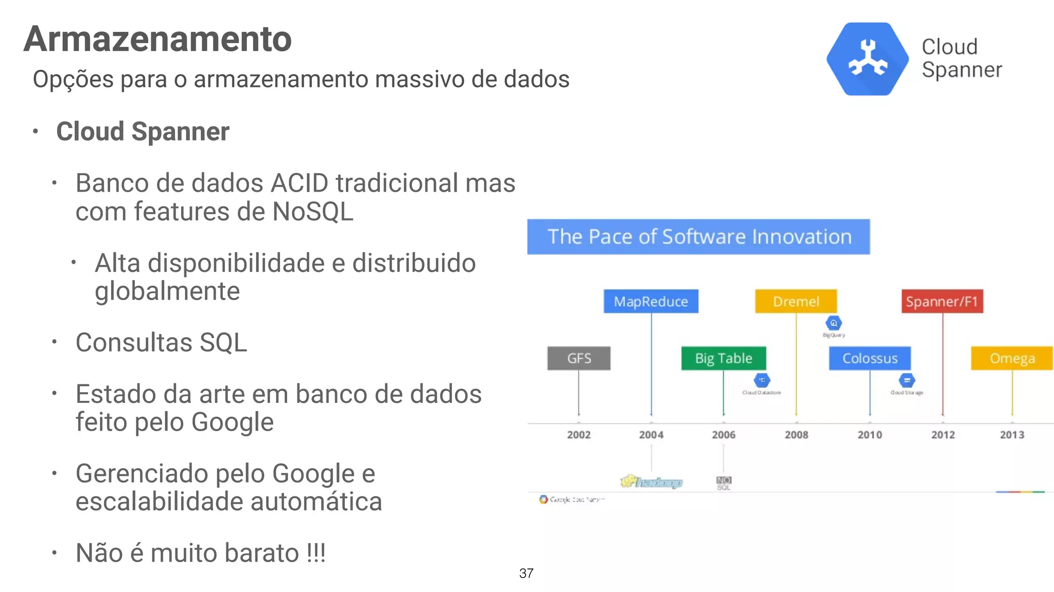 37
Armazenamento
Opções para o armazenamento massivo de dados
• Cloud Spanner
• Banco de dados ACID tradicional mas
com features de NoSQL
• Alta disponibilidade e distribuido
globalmente
• Consultas SQL
• Estado da arte em banco de dados
feito pelo Google
• Gerenciado pelo Google e
escalabilidade automática
• Não é muito barato !!!
 