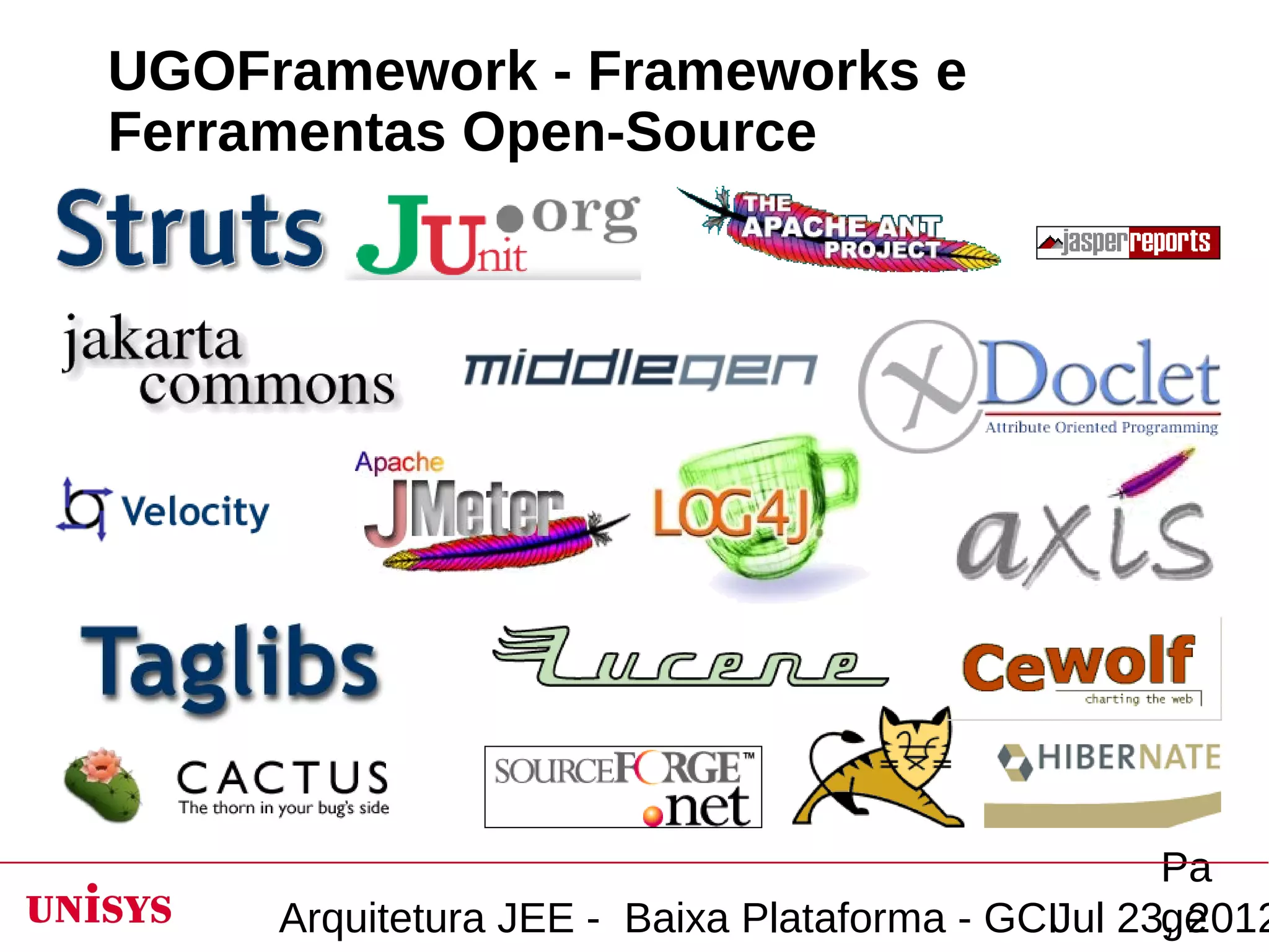 UGOFramework - Frameworks e
Ferramentas Open-Source




                                                   Pa
     Arquitetura JEE - Baixa Plataforma - GCIJul 23, 2012
                                                   ge
 