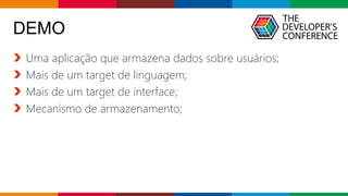 Globalcode – Open4education
DEMO
Uma aplicação que armazena dados sobre usuários;
Mais de um target de linguagem;
Mais de um target de interface;
Mecanismo de armazenamento;
 