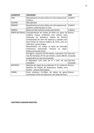 SANITÁRIO CAMARIM MAESTRO
ELEMENTO DESCRIÇÃO COR
PISO Revestimento em piso vinílico em rolo espessura de
2,55mm
A definir
SOLEIRA Não aplicável
RODAPÉ Revestimento em piso vinílico em rolo espessura de
2,55mm, conforme piso, h= 7cm
A definir
PAREDE Massa corrida e pintura acrílica semi-brilho A definir
PORTA (02 folhas) Enquadramento do núcleo da folha em peças de
madeira maciça certificada com reforço para
colocação de fechadura. Núcleo de lâminas
compensadas de 3mm de espessura, capeado com
duas folhas da mesma madeira de 7mm, uma em
cada face, à prova d’água.
Revestimento em ambas as faces de laminado
melamínico texturizado, inclusive os topos.
Espessura final de 3,5cm.
Branco
Ferragens: conjunto 513 IN tubular; maçanetas 513
Tub IN; fechadura ST 55 com cilindro, roseta 308 IN,
acabamento em aço inox escovado.
Aço Inox
Escovado
6 dobradiças com mola de 4” x 3,0”, de aço
inoxidável.
Aço Inox
Escovado
BATENTES Batentes de chapa de aço dobrada nº 12, conforme
detalhes do Projeto de Arquitetura, fixados com
buchas , pintura eletrostática.
Branco
FORRO Forro contínuo, h=3,00m, de placas de gesso
acartonado 15mm de espessura, com tabica de 5cm.
Branco
61
 