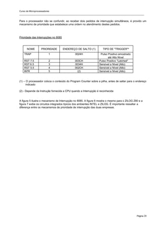 Curso de Microprocessadores
______________________________________________________________________________________________________
Página 20
Para o processador não se confundir, ao receber dois pedidos de interrupção simultâneos, é provido um
mecanismo de prioridade que estabelece uma ordem no atendimento destes pedidos.
Prioridade das Interrupções no 8085
NOME PRIORIDADE ENDEREÇO DE SALTO (1) TIPO DE "TRIGGER"³
TRAP 1 0024H Pulso Positivo amostrado
até Alto Nível
RST 7.5 2 003CH Pulso Positivo "Latched"
RST 6.5 3 0034H Sensível a Nível (Alto)
RST 5.5 4 002CH Sensível a Nível (Alto)
INTR 5 (2) Sensível a Nível (Alto)
(1) – O processador coloca o conteúdo do Program Counter sobre a pilha, antes de saltar para o endereço
indicado
(2) - Depende da Instrução fornecida a CPU quando a Interrupção é reconhecida
A figura 5 ilustra o mecanismo de Interrupção no 8085. A figura 6 mostra o mesmo para o ZILOG Z80 e a
figura 7 exibe os circuitos integrados típicos dos ambientes INTEL e ZILOG. É importante ressaltar a
diferença entre os mecanismos de prioridade de interrupção das duas empresas.
 