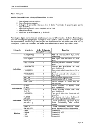 Curso de Microprocessadores
______________________________________________________________________________________________________
Página 46
Novas Instruções
As instruções MMX cobrem vários grupos funcionais, incluindo:
1. Operações aritméticas básicas;
2. Operações de comparação;
3. Instruções de conversão entre novos tipos de dados (“packets”) e de pequenos para grandes
tipos de dados;
4. Operações lógicas tais como: AND, OR, NOT e XOR;
5. Operações de Shift;
6. Instruções MOV para dados de 32 ou 64 bits;
As instruções lógicas e aritméticas são projetadas para suportar diferentes tipos de dados. Tais instruções
possuem um código de operação para cada tipo de dado suportado. Como resultado, as novas instruções
são implementadas com 57 códigos de operação. Um aspecto importante é que instruções MMX não são
privilegiadas, podendo ser usadas em aplicações, codificadores/decodificadores, algoritmos e drivers.
Categoria Mnemônico Nr. De Códigos de
Operação Diferentes
Descrição
PADD [B,W,D] 3 Add with wrap-around on [byte, word,
doubleword]
PADDS [B,W] 2 Add signed with saturation on [byte,
word]
PADDUS [B,W] 2 Add unsigned with saturation on [byte,
word]
PSUB [B,W,D] 3 Subtract with wrap-around on [byte,
word, doubleword]
PSUBS [B,W] 2 Subtract signed with saturation on [byte,
word]
PSUBUS [B,W] 2 Subtract unsigned with saturation on
[byte, word]
PMULHW 1 Packed multiply high on words
PMULLW 1 Packed multiply low on words
Aritmética
PMADDWD 1 Packed multiply on words and add
resulting pairs
PCMPEQ
[B,W,D]
3 Packed compare for equality [byte,
word, doubleword]
Comparação
PCMPGT
[B,W,D]
3 Packed compare greater than [byte,
word, doubleword]
PACKUSWB 1 Pack words into bytes (unsigned with
saturation)
PACKSS
[WB,DW]
2 Pack [words into bytes, doublewords
into words] (signed with saturation)
PUNPCKH
[BW,WD,DQ]
3 Unpack (interleave) high-order [bytes,
words, doublewords] from MMXTM
register
Conversão
PUNPCKL
[BW,WD,DQ]
3 Unpack (interleave) low-order [bytes,
words, doublewords] from MMX register
PAND 1 Bitwise AND
PANDN 1 Bitwise AND NOT
POR 1 Bitwise OR
Lógicas
PXOR 1 Bitwise XOR
 
