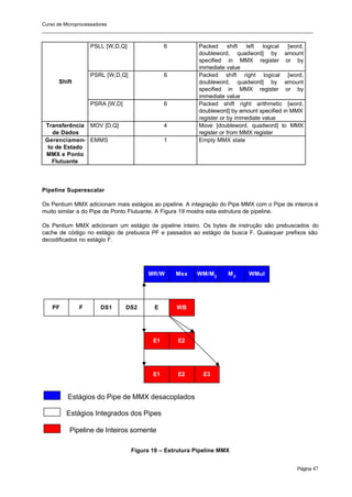 Curso de Microprocessadores
______________________________________________________________________________________________________
Página 47
PSLL [W,D,Q] 6 Packed shift left logical [word,
doubleword, quadword] by amount
specified in MMX register or by
immediate value
PSRL [W,D,Q] 6 Packed shift right logical [word,
doubleword, quadword] by amount
specified in MMX register or by
immediate value
Shift
PSRA [W,D] 6 Packed shift right arithmetic [word,
doubleword] by amount specified in MMX
register or by immediate value
Transferência
de Dados
MOV [D,Q] 4 Move [doubleword, quadword] to MMX
register or from MMX register
Gerenciamen-
to de Estado
MMX e Ponto
Flutuante
EMMS 1 Empty MMX state
Pipeline Superescalar
Os Pentium MMX adicionam mais estágios ao pipeline. A integração do Pipe MMX com o Pipe de inteiros é
muito similar a do Pipe de Ponto Flutuante. A Figura 19 mostra esta estrutura de pipeline.
Os Pentium MMX adicionam um estágio de pipeline inteiro. Os bytes de instrução são prebuscados do
cache de código no estágio de prebusca PF e passados ao estágio de busca F. Quaisquer prefixos são
decodificados no estágio F.
MR/W Mex WM/M2
M3
WMul
PF F DS1 DS2 E WB
E1 E2
E1 E2 E3
Estágios do Pipe de MMX desacoplados
Estágios Integrados dos Pipes
Pipeline de Inteiros somente
Figura 19 – Estrutura Pipeline MMX
 