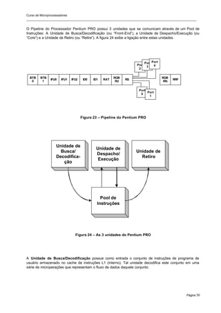 Curso de Microprocessadores
______________________________________________________________________________________________________
Página 50
O Pipeline do Processador Pentium PRO possui 3 unidades que se comunicam através de um Pool de
Instruções: A Unidade de Busca/Decodificação (ou “Front-End”), a Unidade de Despacho/Execução (ou
“Core”) e a Unidade de Retiro (ou “Retire”). A figura 24 exibe a ligação entre estas unidades.
Figura 23 – Pipeline do Pentium PRO
Figura 24 – As 3 unidades do Pentium PRO
A Unidade de Busca/Decodificação possue como entrada o conjunto de instruções de programa de
usuário armazenado no cache de instruções L1 (interno). Tal unidade decodifica este conjunto em uma
série de microperações que representam o fluxo de dados daquele conjunto.
BTB
0
BTB
1
IFU0 IFU1 IFU2 ID0 ID1 RAT
ROB
Rd
RS
Port
2
Port
0
Port
1
ROB
Wb
RRF
Port
3
Port
4
Unidade de
Busca/
Decodifica-
ção
Unidade de
Despacho/
Execução
Unidade de
Retiro
Pool de
Instruções
 