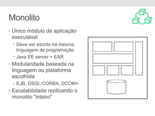 Monolito
• Único módulo de aplicação
executável
• Deve ser escrito na mesma
linguagem de programação
• Java EE server + EAR
• Modularidade baseada na
linguagem ou plataforma
escolhida
• EJB, OSGi, CORBA, DCOM+
• Escalabilidade replicando o
monolito "inteiro"
 
