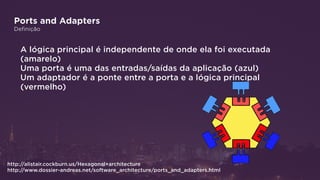 Ports and Adapters
Definição
A lógica principal é independente de onde ela foi executada
(amarelo)
Uma porta é uma das entradas/saídas da aplicação (azul)
Um adaptador é a ponte entre a porta e a lógica principal
(vermelho)
http://www.dossier-andreas.net/software_architecture/ports_and_adapters.html
http://alistair.cockburn.us/Hexagonal+architecture
 