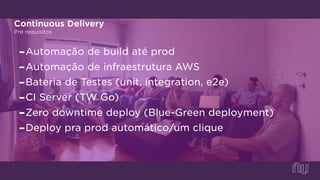 Continuous Delivery
Pré requisitos
-Automação de build até prod
-Automação de infraestrutura AWS
-Bateria de Testes (unit, integration, e2e)
-CI Server (TW Go)
-Zero downtime deploy (Blue-Green deployment)
-Deploy pra prod automático/um clique
 