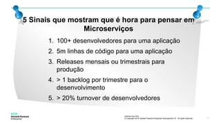 Internal Use Only
© Copyright 2015 Hewlett Packard Enterprise Development LP. All rights reserved.. 14
1. 100+ desenvolvedores para uma aplicação
2. 5m linhas de código para uma aplicação
3. Releases mensais ou trimestrais para
produção
4. > 1 backlog por trimestre para o
desenvolvimento
5. > 20% turnover de desenvolvedores
5 Sinais que mostram que é hora para pensar em
Microserviços
 