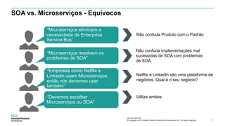 Internal Use Only
© Copyright 2015 Hewlett Packard Enterprise Development LP. All rights reserved.. 23
SOA vs. Microserviços - Equívocos
“Microserviços eliminam a
necessidade de Enterprise
Service Bus”
Não confuda Produto com o Padrão
“Microserviços resolvem os
problemas de SOA”
Não confuda implementações mal
sucessidas de SOA com problemas
de SOA
“Empresas como Netflix e
Linkedin usam Microserviços,
então nós devemos usar
também”
Netflix e LinkedIn são uma plataforma de
negócios. Qual é o seu negócio?
“Devemos escolher
Microserviços ou SOA”
Utilize ambos
 