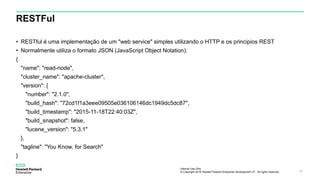 Internal Use Only
© Copyright 2015 Hewlett Packard Enterprise Development LP. All rights reserved.. 45
RESTFul
• RESTful é uma implementação de um "web service" simples utilizando o HTTP e os principios REST
• Normalmente utiliza o formato JSON (JavaScript Object Notation):
{
"name": "read-node",
"cluster_name": "apache-cluster",
"version": {
"number": "2.1.0",
"build_hash": "72cd1f1a3eee09505e036106146dc1949dc5dc87",
"build_timestamp": "2015-11-18T22:40:03Z",
"build_snapshot": false,
"lucene_version": "5.3.1"
},
"tagline": "You Know, for Search"
}
 