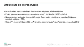 Internal Use Only
© Copyright 2015 Hewlett Packard Enterprise Development LP. All rights reserved.. 7
Arquitetura de Microserviços
• As aplicações são composições de processos pequenos e independentes
• Esses processos se comunicam através de um API em Restfull (HTTP / JSON)
• Normalmente a aplicação front-end (Angular, React e etc) irá utilizar a resposta JSON para
construir a página HTML
• Uma APP desenvolvida em IOS ou Android irá construir suas “views” usando a resposta JSON
 
