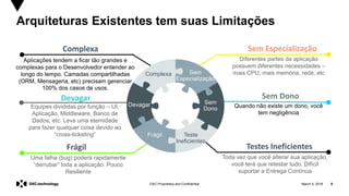 March 5, 2018 8DXC Proprietary and Confidential
Arquiteturas Existentes tem suas Limitações
Devagar
Equipes divididas por função – UI,
Aplicação, Middleware, Banco de
Dados, etc. Leva uma eternidade
para fazer qualquer coisa devido ao
“cross-ticketing”
Frágil
Uma falha (bug) poderá rapidamente
“derrubar” toda a aplicação. Pouco
Resiliente
Testes Ineficientes
Toda vez que você alterar sua aplicação,
você terá que retestar tudo. Difícil
suportar a Entrega Contínua
Sem Dono
Quando não existe um dono, você
tem negligência
Complexa
Aplicações tendem a ficar tão grandes e
complexas para o Desenvolvedor entender ao
longo do tempo. Camadas compartilhadas
(ORM, Mensageria, etc) precisam gerenciar
100% dos casos de usos.
Sem
Dono
Devagar
Sem
Especialização
Complexa
Teste
Ineficientes
Frágil
Sem Especialização
Diferentes partes da aplicação
possuem diferentes necessidades –
mais CPU, mais memória, rede, etc
 