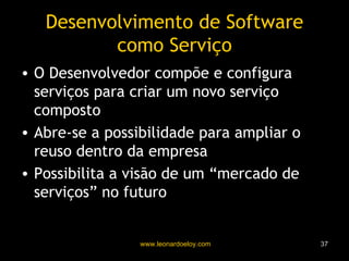 Desenvolvimento de Software como Serviço O Desenvolvedor compõe e configura serviços para criar um novo serviço composto Abre-se a possibilidade para ampliar o reuso dentro da empresa Possibilita a visão de um “mercado de serviços” no futuro 
