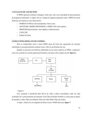 VANTAGENS DE USO DO MMX
       O MMX apresenta inúmeras vantagens. Entre elas, está a sua velocidade de processamento
de programas multimídia. A seguir, tem-se a relação de algumas aplicações onde o MMX faz muita
diferença em relação aos seus antecessores:
       -     WORKSTATION de alto desempenho e baixo custo
       -     SOFTWARE ADOBE PHOTOSHOP ( o MMX é 60% mais rápido )
       -     BROWSERS para Internet: mais rápidos e tridimensionais
       -     CAD/CAM
       -     Edição de Vídeo


COMO O MMX OPERA EM MULTIMÍDIA
       Para se compreender como o micro MMX opera de forma tão espetacular em circuitos
multimídia, é necessário primeiro analisar como o 486 ou um Pentium faz isso.
       Quando se processa um Software multimídia em um micro anterior ao MMX, o aplicativo
envia um comando ao sistema operacional dizendo a este para exibir a figura na tela. figura 6:




           Figura 6
       Esse comando é transferido pelo Driver de vídeo à placa controladora, onde um chip
acelerador faz o processamento da instrução. Este Chip acelerador distribui os sinais para as placas
de interface a saber: Placa Fax/Modem, Placa de Vídeo RGB e Placa de Áudio.
       A seguir , observa-se em diagrama de blocos como o MMX funciona: figura 7


                                                                                                 14
 