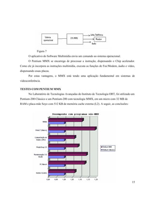 Figura 7
       O aplicativo do Software Multimídia envia um comando ao sistema operacional.
       O Pentium MMX se encarrega de processar a instrução, dispensando o Chip acelerador.
Como ele já incorpora as instruções multimídia, executa as funções de Fax/Modem, áudio e vídeo,
dispensando essas placas.
       Por estas vantagens, o MMX está tendo uma aplicação fundamental em sistemas de
videoconferência.

TESTES COM PENTIUM MMX
       No Laboratório de Tecnologias Avançadas do Instituto de Tecnologia ORT, foi utilizado um
Pentium-200 Clássico e um Pentium-200 com tecnologia MMX, em um micro com 32 MB de
RAM e placa-mãe Soyo com 512 KB de memória cache externa (L2). A seguir, as conclusões:




                                                                                            15
 