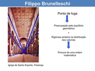 Filippo Brunelleschi
                                          Ponto de fuga


                                       Preocupação pelo equilíbrio
                                              geométrico
                                                    +
                                     Rigorosa simetria na distribuição
                                              dos volumes




                                           Procura de uma ordem
                                                matemática



Igreja de Santo Espirito, Florença
 