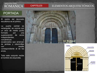 ARQUITECTURA

   ROMANICA                   CAPITELES   ELEMENTOS ARQUITECTÓNICOS

  PORTADA
El centro del decorado
escultórico es el pórtico.

La puerta central es
rectangular; se corona con
un arco de medio punto
formado       por      una
superposición de arcos
independientes,
concéntricos              y
escalonados que arrancan
de jambas y columnillas
con                 resalte
correspondiente al de los
arcos.

Todo este conjunto recibe
el nombre de arquivolta.
 