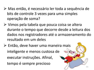  Mas então, é necessário ler toda a sequência de
 bits de controle 3 vezes para uma simples
 operação de soma?
 Vimos pela tabela que pouca coisa se altera
 durante o tempo que decorre desde a leitura dos
 dados nos registradores até o armazenamento do
 resultado em um deles
 Então, deve haver uma maneira mais
 inteligente e menos custosa de
 executar instruções. Afinal,
 tempo é sempre precioso
                                              101
 