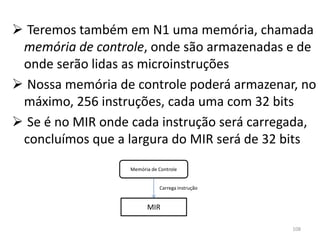  Teremos também em N1 uma memória, chamada
 memória de controle, onde são armazenadas e de
 onde serão lidas as microinstruções
 Nossa memória de controle poderá armazenar, no
 máximo, 256 instruções, cada uma com 32 bits
 Se é no MIR onde cada instrução será carregada,
 concluímos que a largura do MIR será de 32 bits
                   Memória de Controle


                              Carrega instrução


                         MIR

                                                  108
 
