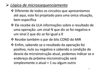  Lógica de microssequenciamento
   Diferente de todos os circuitos que apresentamos
   até aqui, este foi projetado para uma única situação,
   bem específica
   Ele recebe da ULA informações sobre o resultado de
   uma operação: um sinal N que diz se foi negativo e
   um sinal Z que diz se foi igual a 0
   Recebe também o par de bits COND do MIR
   Enfim, sabendo se o resultado da operação foi
   positivo, nulo ou negativo e sabendo a condição de
   desvio da microinstrução atual, podemos indicar se o
   endereço da próxima microinstrução será
   simplesmente o atual + 1 ou algum outro
                                                   121
 